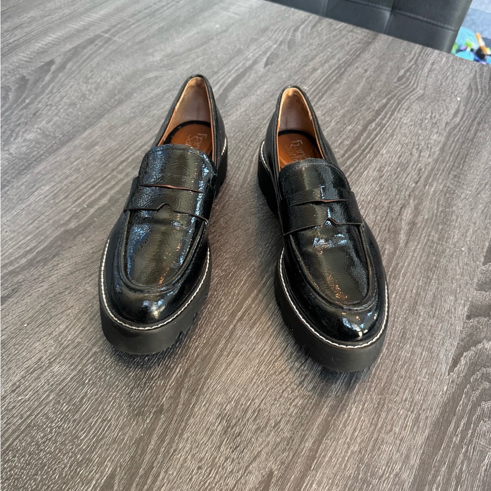 Franco Sarto Cassandra Black Patent Leather Platform Lug Loafers Size 8.5